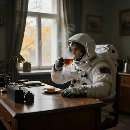 a single cosmonaut in a spacesuit drinks a steaming cup of tea at an old wooden desk in a richly decorated soviet house. the autumn light comes in through a window and dimly illuminates the room, diffuse light, octane render