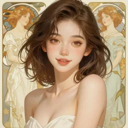 Smiley sexy beautiful art, realistic proportions, soft light, soft colors, smooth, sharp focus, illustration, art by artgerm and greg rutkowski and alphonse mucha