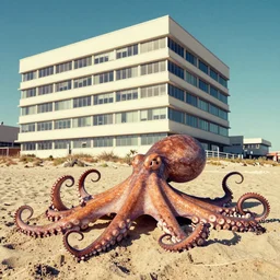 beached giant octopus beside a mid century office building kodachrome retro washed out color