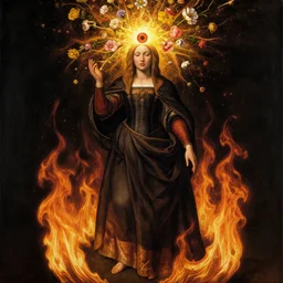 a woman with a third eye exploding with flowers, standing in fire, by Jan van Eyck