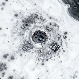 abandoned mine and crates full of supplies buried in snow::2 snowy region on coast of ever snow, aerial drone perspective, top down view ::1 sattelite image of snow from 250 meters height, some coal boxes and barrels are covered in snow, old mine remains :: 1 post apocalyptic, snowstorm ::5