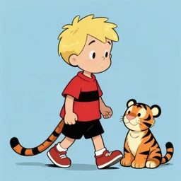 a young boy with spikey blonde hair wearing a red shirt with black stripes, walking next to a stuffed tiger, calvin and hobbes, by bill watterson,