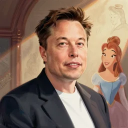 elon musk, traditional animated disney princess, 2D hand drawn cell