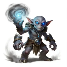 a highly detailed goblin with grey skin and blue eyes that glow, with a tornado in his hand, like magic the gathering, goblin chainwalker, digital art, by christopher rush