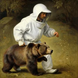 close up of man in white beekeeper costume chasing a bear. painting by gertrude abercrombie, fra angelico, durer