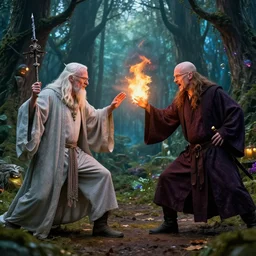 walter white the druid and jesse pinkman the pyromancer engaging in a wizard duel in the enchanted forest, hyperrealistic