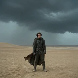 a cinematic wide angle shot of a man in his early twenties, in the 2 0 2 1 movie dune, stormy weather, dry, film still, cinematic, dramatic lighting, by zack snyder