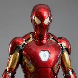 iron spider suit, red and gold with golden lenses, golden webbing, realistic, detailed