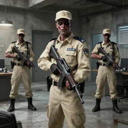 zombie security officers ( beige uniform and hat caps ) ( armed with uzis ) in ( brutalist concrete office ) trending on artstation high detail digital painting 4 k 8 k hd
