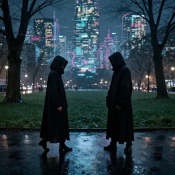 park at night, two cloaked figures, artstation, by william degouve de nunqcues, rain puddles, background glitched cyber city by leonid afremov