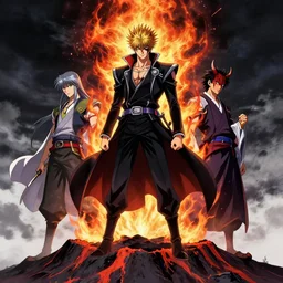 portrait of the The terrifying Spike Spiegel fire Mage Mage Wearing an obsidian suit whilst disguised as a devil atop the volcano uta natsume Mark Riddick Alexey Egorov akira toriyama Inio Asano sui ishida