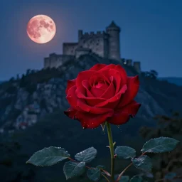 close - up of a red rose growing on a mountain with stone castle on the background during blood moon at night
