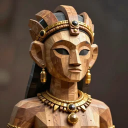 portrait lemurian princess with simple wooden headdress and mask, low poly, boho style, gold and black wood jewelry, concept art, by boris vallejo, deak ferrand, and greg rutkowski and rhads