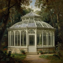 A narrative realism painting of a Victorian Gothic conservatory in the forest, by Caspar David Friedrich