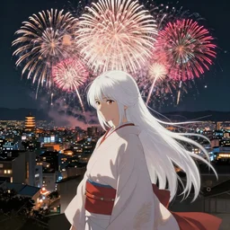 firework festival in ancient japan, white long hair goddess, by kyoto animation, insanely detailed. instagram photo, kodak portra. by wlop, ilya kuvshinov, krenz cushart, greg rutkowski, pixiv. zbrush sculpt, octane, maya, houdini, vfx. huge cityscape. cinematic dramatic atmosphere, sharp focus, volumetric lighting