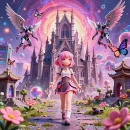 3 d render of a gothic moe pink short haired half elf with bangs roaming a futuristic japanese cyberpunk bladerunner cyber landscape, castle ruins, temple ruins, with orbs and cyborgs with angel wings against a psychedelic surreal background with 3 d butterflies and 3 d flowers n the style of 1 9 9 0's cg graphics 3 d rendered y 2 k aesthetic by ichiro tanida, 3 do magazine, wide shot