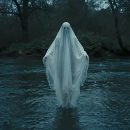 photo of a ghostly figure floating over a river, cinematic, blair witch project, real