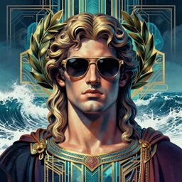 synthwave outrun art - deco artdeco greek god poseidon wearing sunglasses and a laurel wreath | highly detailed | very intricate | symmetrical | cinematic lighting | award - winning | closeup portrait | 8 0 s nostalgia | crashing waves, stormy ocean in the background | painted by donato giancola and mandy jurgens and charlie bowater | featured on artstation