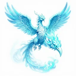 full - body cyan magic fire phoenix with beak, cyan color ， epic, scrollwork + white ink + magical + detailed intricate + heraldic design + epic + by peter mohrbacher and kentaro miura + high details, in the style of jean delville, artstation, 8 k, tarmo juhola, ivan laliashvili, james gurney, moebius, roger dean, wlop, victo ngai, 4 k, cinematic