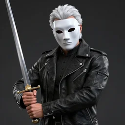 professional render of man with a black leather jacket, white theatre mask with two black marks in the eyes, white hair, holdind a sword!! studio lighting, very detailed, unreal engine, hight quality render!!!!, professional lighting, good composition, rule of thirds, winning award render, realistic, hot toys, full render shot