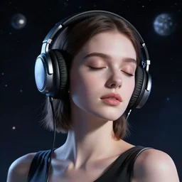 beautiful woman with eyes closed wearing headphones in space, portrait, trending on artstation,