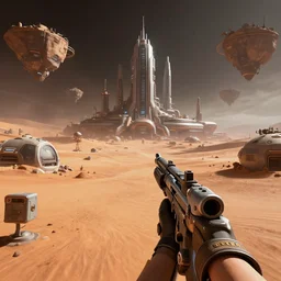 the setting is in space / mars. a metaverse / space city is seen in the background, with surrounding floating islands. our character will be shown with a gun etc to show the play to earn shooting game, arstation, high details, 3 d octane