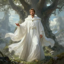ryan reynolds as a wizard with white flowing robes on yggdrasil in a romance novel fantasy artwork epic detailed and intricate digital painting trending on artstation by wlop octane render