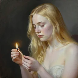 Painting of Elle Fanning lighting a match, long blonde hair, delicate, pale milky white porcelain skin, by Edward Hopper. 8K. Extremely detailed.