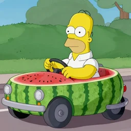 homer simpson driving a watermelon car, natural lighting, outdoors, realistic photograph, car, watermelon