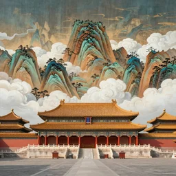 paint, great Chinese Palace, cloud, mountain,miracle