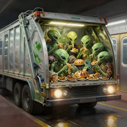 dieselunk detail painting of subway garbage car full of aliens eating old food, deep displacement, back light, reflections, raytracing, raymarching, subsurface scattering, digital art, painted by alan lee