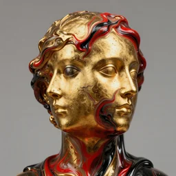 a fluid golden and fluid red and fluid black melting head fluid marble melting statue, viktor antonov, sergey kolesov,