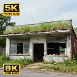 an abandoned hardware store, grass growing on building, 8K, award winning photograph