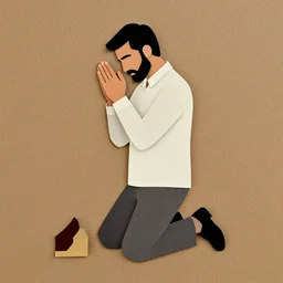 afshar, petros man on his knees praying painterly textured simplified paper cutout, image of a man on his knees praying, full body portrait, film grain 1 9 7 0 s low poly art character painterly design