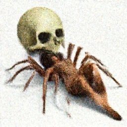Skull that look too much like skull!, I have likened evolution to a search through a very large space of possible organism characteristics, an 8k CG character rendering of a spider-like hunting female on its back, fangs extended, wearing a leopard-patterned dress, set against a white background, with textured hair and skin.