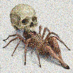 Skull that look too much like skull!, I have likened evolution to a search through a very large space of possible organism characteristics, an 8k CG character rendering of a spider-like hunting female on its back, fangs extended, wearing a leopard-patterned dress, set against a white background, with textured hair and skin.