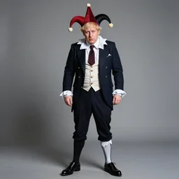 full body photo of a boris johnson as a court jester, 8 k, hdr, smooth, sharp focus, high resolution, award - winning photo