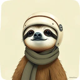 a cute sloth wearing a helmet and a scarf. illustration by edward gorey