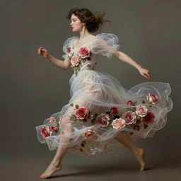 classically !!beautiful!! woman dressed in a vaporous wrapped large victorian pale red roses silk semi-transparent dress fashion is running, fantasy, intricate, elegant, highly detailed, digital painting, trending on artstation, concept art, matte, sharp focus, illustration, art by Artgerm and Greg Rutkowski and Alphonse Mucha, trending on instagram