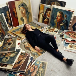 a high quality professional studio photograph of a happy woman lying down on her back. she is surrounded by piles and piles of paintings by artgerm and greg rutkowski.