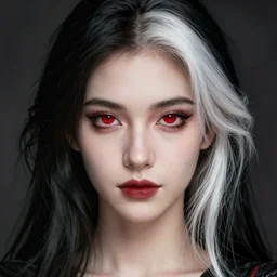 Portrait of a pretty half-elf half-vampire young woman. Her hair has black strands and white strands. Her eyes have red irises and vertical pupils. Art by Greg Rutkowski and Alphonse Mucha