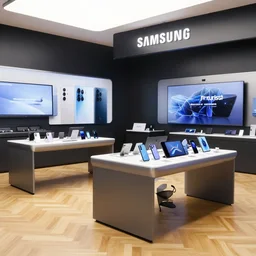 hyperdetailed large samsung futurist flagship retail. dark walls. parquet floor. display tables with exciting phones and tablets. bright digital screens on walls. low ceilings with downlights and spots. black furniture. plants. muted colors. long exposure photo.