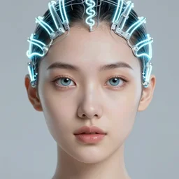 very beautiful woman, bionic pupils, full face frontal centered, portrait, detailed intricate symmetrical ornate neon cables connected to head, clear lips, luxurious long hair, sophisticated abunden!! neon wiring and implants, translucent!, porcelain, fractal, sci fi, dramatic lighting, photography, highly detailed, artstation, deviantart, 8 k, by chie yoshii