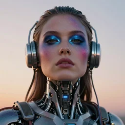 celestial female machine, facial portrait, retro-futuristic, legendary epic shot, 90s make-up, galaxy space hunter, cyber implants, wires, low angle, dawn, by artgerm, julie bell, beeple and Greg Rutkowski, airbrush, science fantasy, 90s, concept art, realistic matte painting, Smooth gradients, octane render, 8k, High contrast, duo tone, depth of field, volumetric lightning, very coherent, symmetrical, skin pore detail