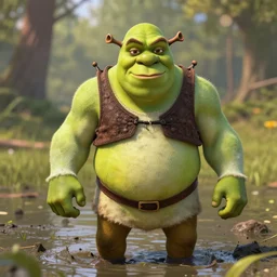 a photo of ultra - realistic muscular shrek in a dirty swamp, bokeh 5 0 mm, global illumination, depth of field, 4 k, iphone professional photo