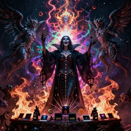 gothic vampire, necro witch desire to summon the blinding god of cosmic pain, altar of evil shocking awe, hellfire iridescent flare bleeding colors glow, unreal engine angel demon, award winning photography, polaroid ritual altar, spikes from spine beksinski lore, demonic flavor art by michael komarck + daniel dos santos