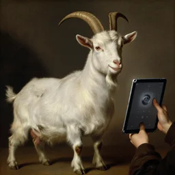 A extremely highly detailed majestic hi-res beautiful,highly detailed painting of a goat taking a picture with an Ipad by Michelangelo Merisi da Caravaggio,