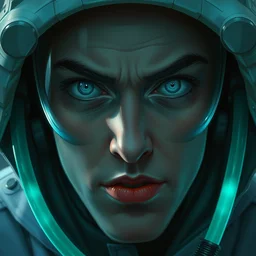 scientist, close up, head in middle of frame, they look at us, glowing teal tubes, disdain!!!!, highly detailed, digital painting, artstation, concept art, smooth, sharp focus, illustration, art by artgerm and greg rutkowski and alphonse mucha