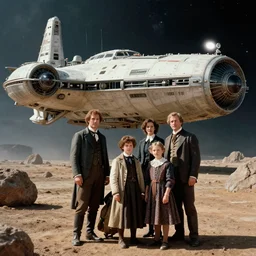 highly detailed, 513435456k film, 1612800mm film still from a sci fi blockbuster color movie made in 2019, set in 1860, of a family standing in front of a spaceship that has just landed on an alien planet, the family are all wearing 1860s era clothes, good lighting, good photography, ultra high definition