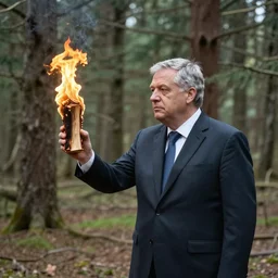 viktor orban in a forest, holding a burning wood piece, by skovgaard